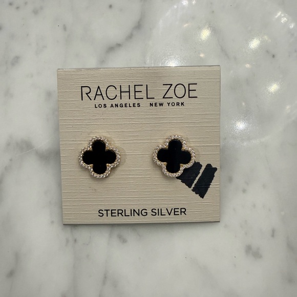 Rachel Zoe Jewelry - NWT Rachel Zoe Black and Sterling Silver Rhinestone Clover Earrings 925
